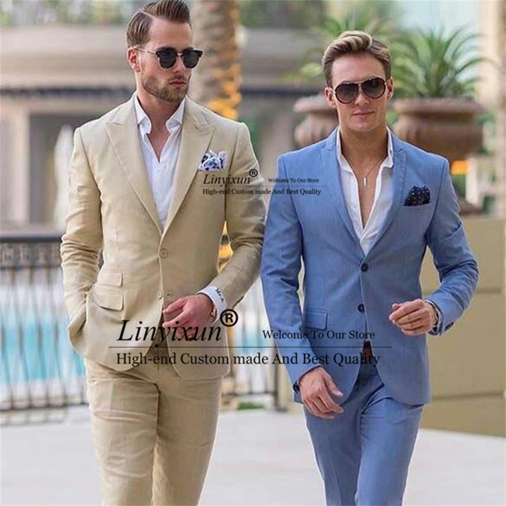 

Ivory Linen Men Suits Slim Fit Beach Wedding Groom Tuxedo Notched Lapel Blazer Groomsmen Wear Costume Homme 2 Piece(Jacket+Pant)