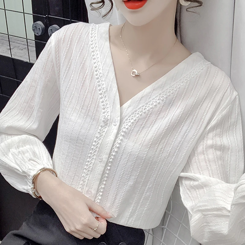 

Autumn Long Sleeve Blouse Women Lace V-Neck Striped Blouse Shirt Tops Women Blusas Mujer De Moda 2022 Blouses Femme Shirts F104