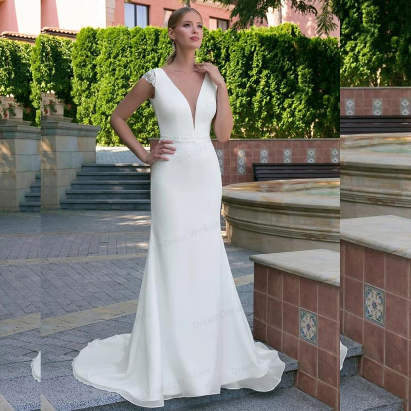 

Deep V-Neck Mermaid Satin Wedding Dress 2021 Elegant Short Sleeves Bride Gowns Simple Long Wedding Party Dress Custom Mad