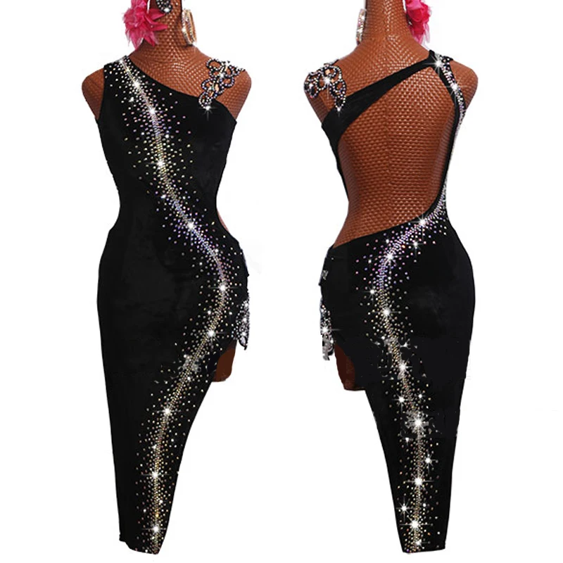 Платье для латинских танцев черное бархатное приталенное сценическое