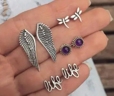 4 пары в комплекте богемные крылья фиолетовые серьги гвоздики с кристаллами