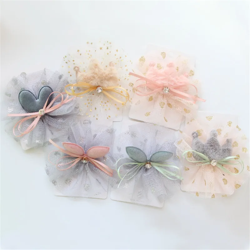 

10pcs/lot Boutique Fashion Cute Ribbon Bow Crown Rabbit Ears Hairpins Rhinestone Tiaras Animal Ears Hair Clips Princess Headwear