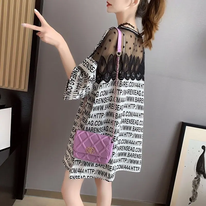 

Loose Lace Short Sleeve T-shirt Women's New Medium and Long Top, Foreign Style Fashion, Versatile Bottom Coat