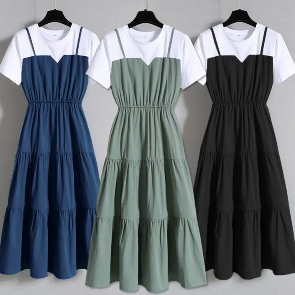 

Women Mid Dress Color Block Short Sleeve Women Round Neck Waist Tight A Line Dress Women Casual Sundress Vestidos for Dating