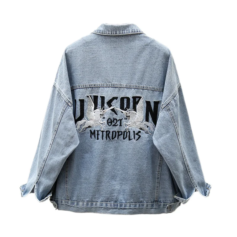 

2020 Autumn New Denim Coat BF Style Jean Tops Girls Dailywear Embroidery Animal Letters Denim Hooded Jacket Women