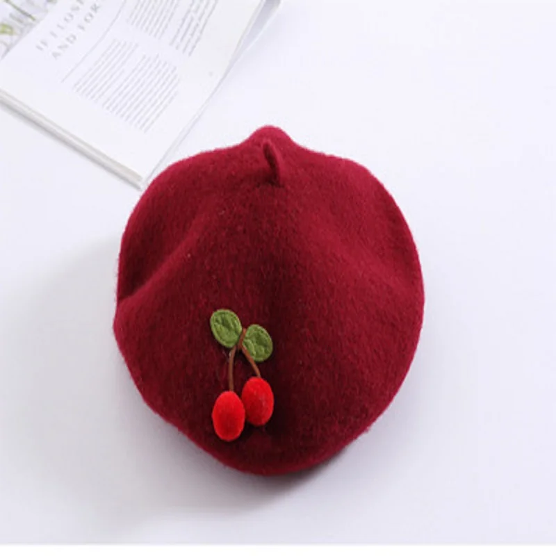 Cherry Beret  Children’s Child’s 2-6 Autumn Winter Warm Girl Pure Color Cute Japanese Style Handmade Fashion Painter Berets Kids Hats Headwear for Girls Toddlers in Wine red