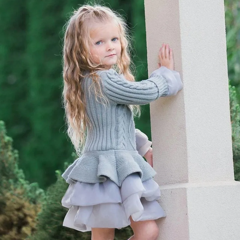 Вязаное платье-свитер для девочек Осень-зима теплые элегантные платья детские