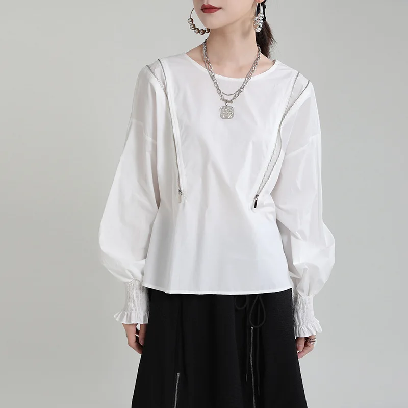 

SuperAen 2021 осенний Новый однотонный пуловер на молнии с рукавами-фонариками и круглым вырезом, белая длинная рубашка, женские топы