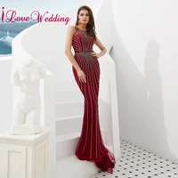 2020 luxury evening dress o neck sequins formal gown sleeveless illusion red liningg mermaid bodycon long dresses evening