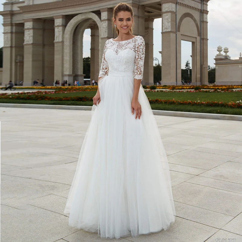 

Elegant Scoop Neck A-line Wedding Gowns 2021 Three Quarter Sleeve Applique Tulle Bridal Dresses Custom Made