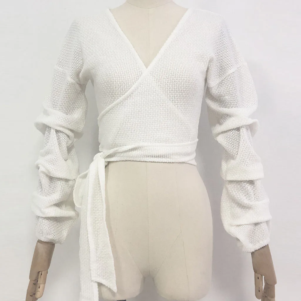 Женский длинный рукав сплошной цвет сексуальный v-образный вырез короткий свитер