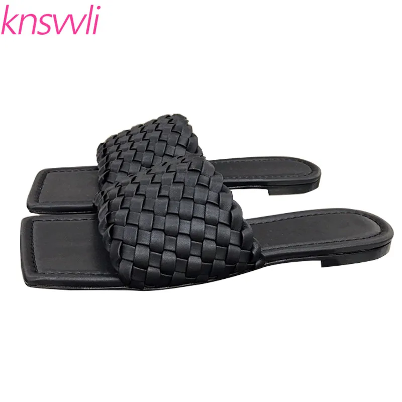 Новинка Кожаные плетеные тапочки Женская летняя обувь для подиума с открытым