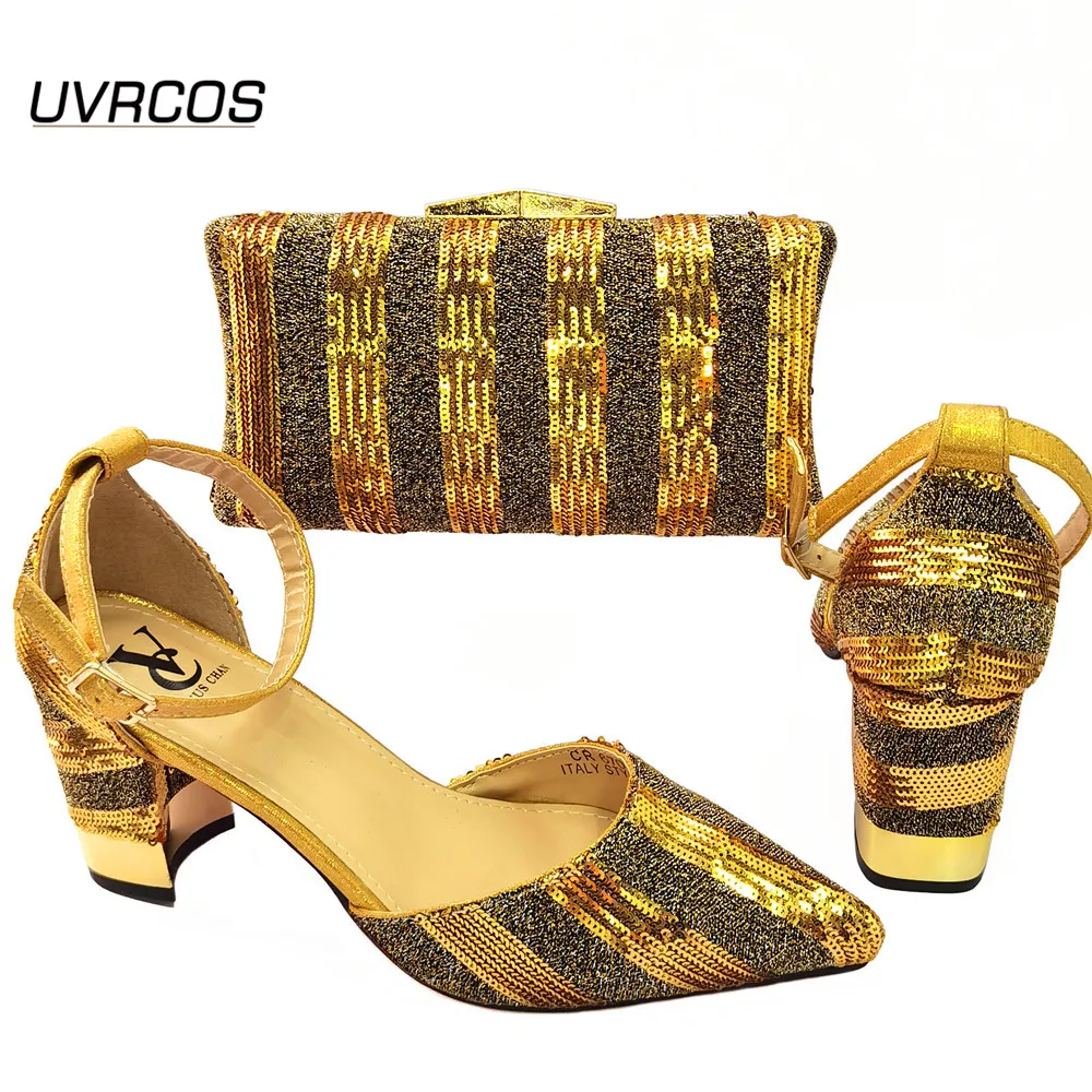 Hot Selling Ladies Italian design Shoes and Bag Set in Gold Color Women Shoes and Matching Bags Party Super high heel