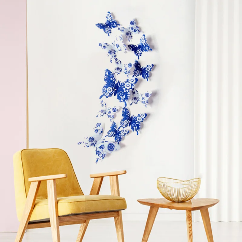 12 шт./компл. наклейки на стену с бабочка 3D белого и голубого цвета бабочками