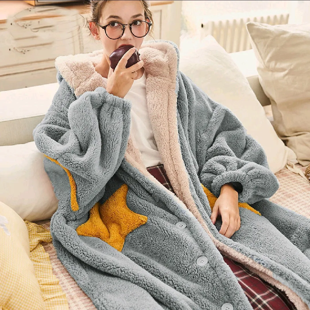 Winter New Soft Homewear Bathrobe Gown Cute Long Coral Fleece Kimono Robe Women Casual Hooded Sleepwear Flannel Nightgown