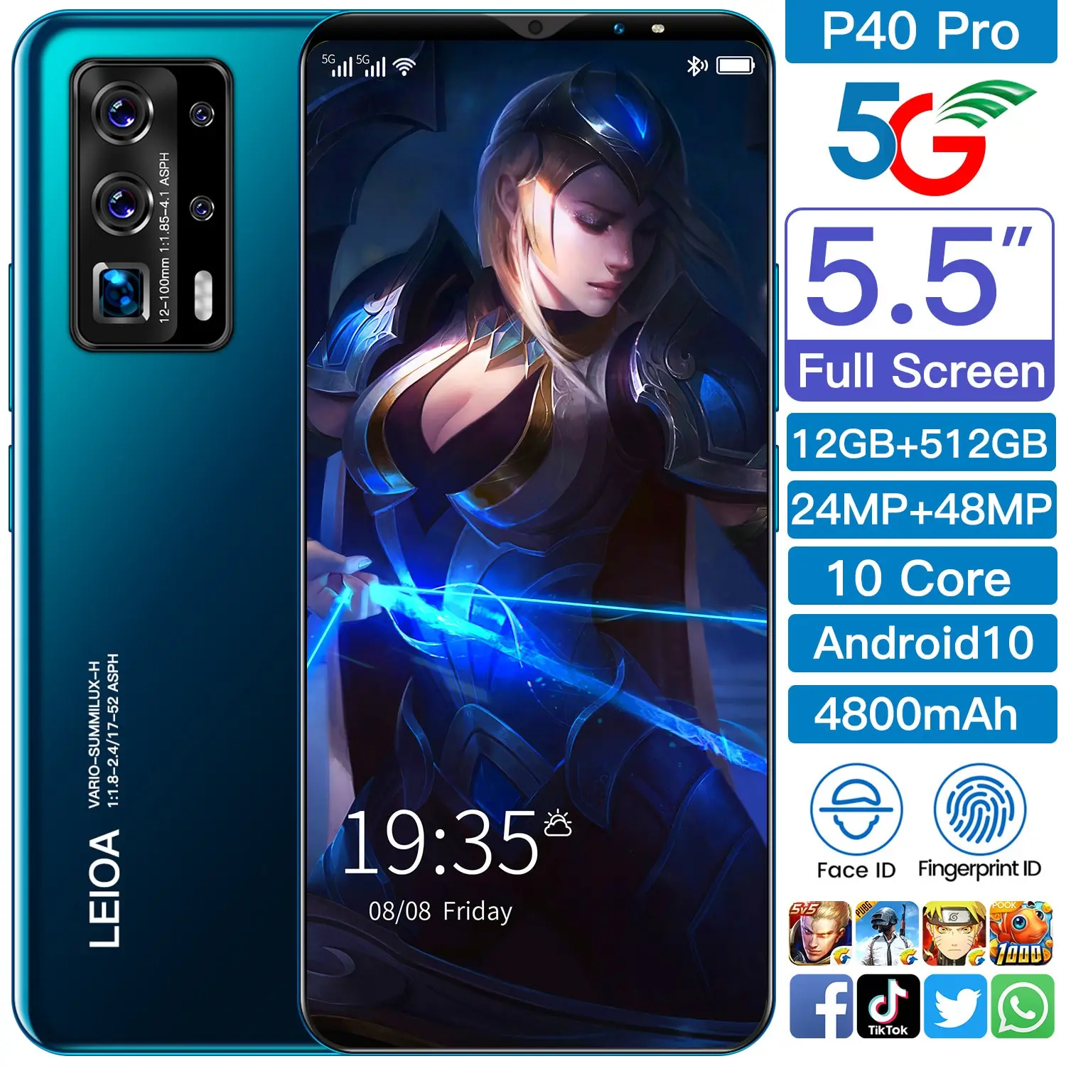 

2021 P40 Pro 5.5 Inch Smart Phone 4800mAh Andriod 10.0 Dual SIM MTK6763 Fingerprint Face ID 10 Core 24+48MP Mobile Phones