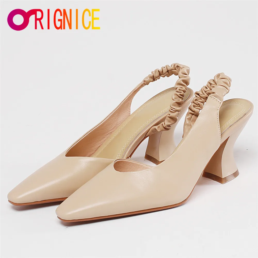 

Orignice 2021 Elegant Vintage Genuine Leather Slingback Pumps Office Lady Summer Luxury Brand Women Strange High Heels Shoes