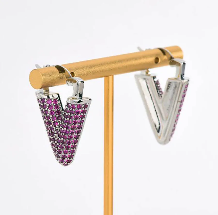 

V-shaped shiny red rhinestone women classic DIY ear accessories letter geometry triangle-shape vintage eardrop