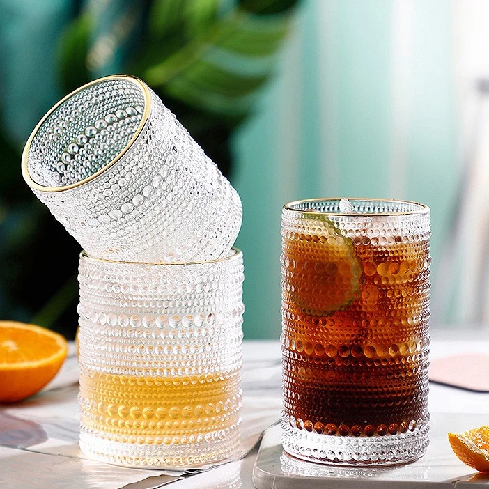 

Vintage Drinking Glass Heat Resistant Lead-free Juice Mug Transparent Drinkware Bar Cup Embossed Bead Glass Cup for Dinner Party