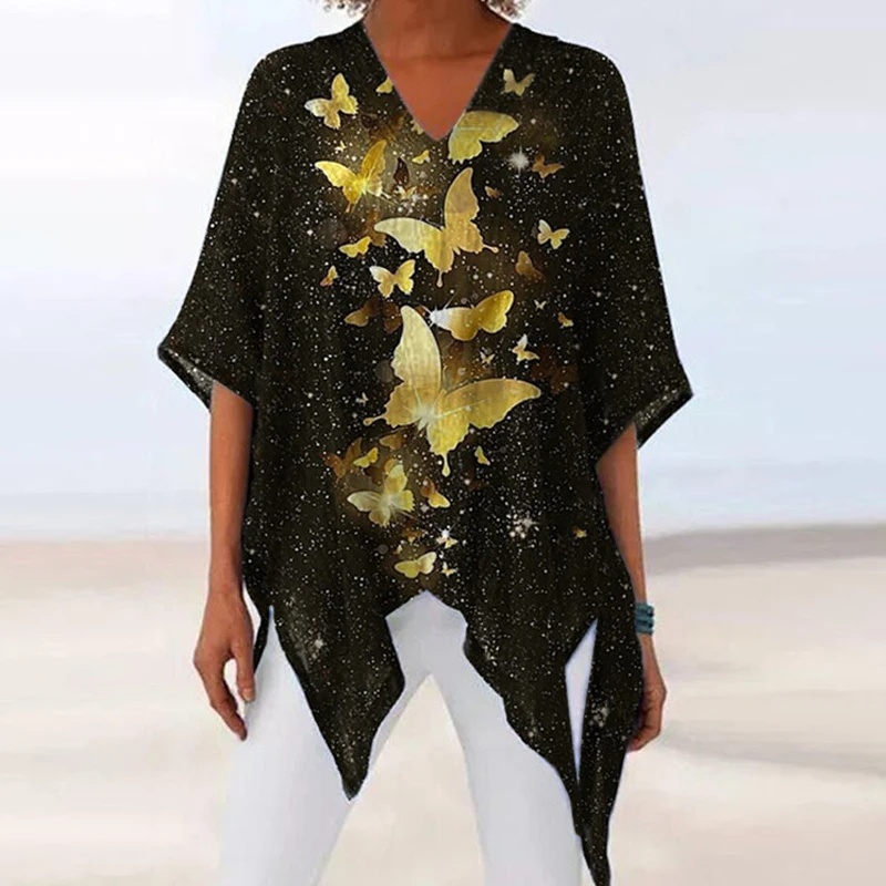 

2021 Autumn Elegant Print Lady Top Blusa Fashion Loose Irregular Hem Pullover Shirt Women Casual Half Sleeve V Neck Shirt Blouse