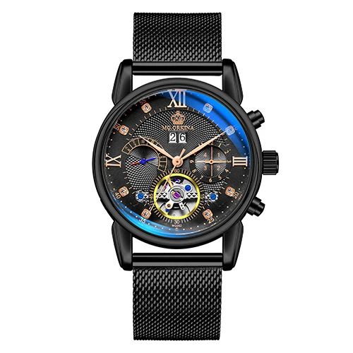 Черный Бренд Orkina Tourbillon Мужские механические часы светящаяся Автоматическая Дата Натуральная кожа ремешок мужской платье часы механические стимпанк - Цвет: Черный