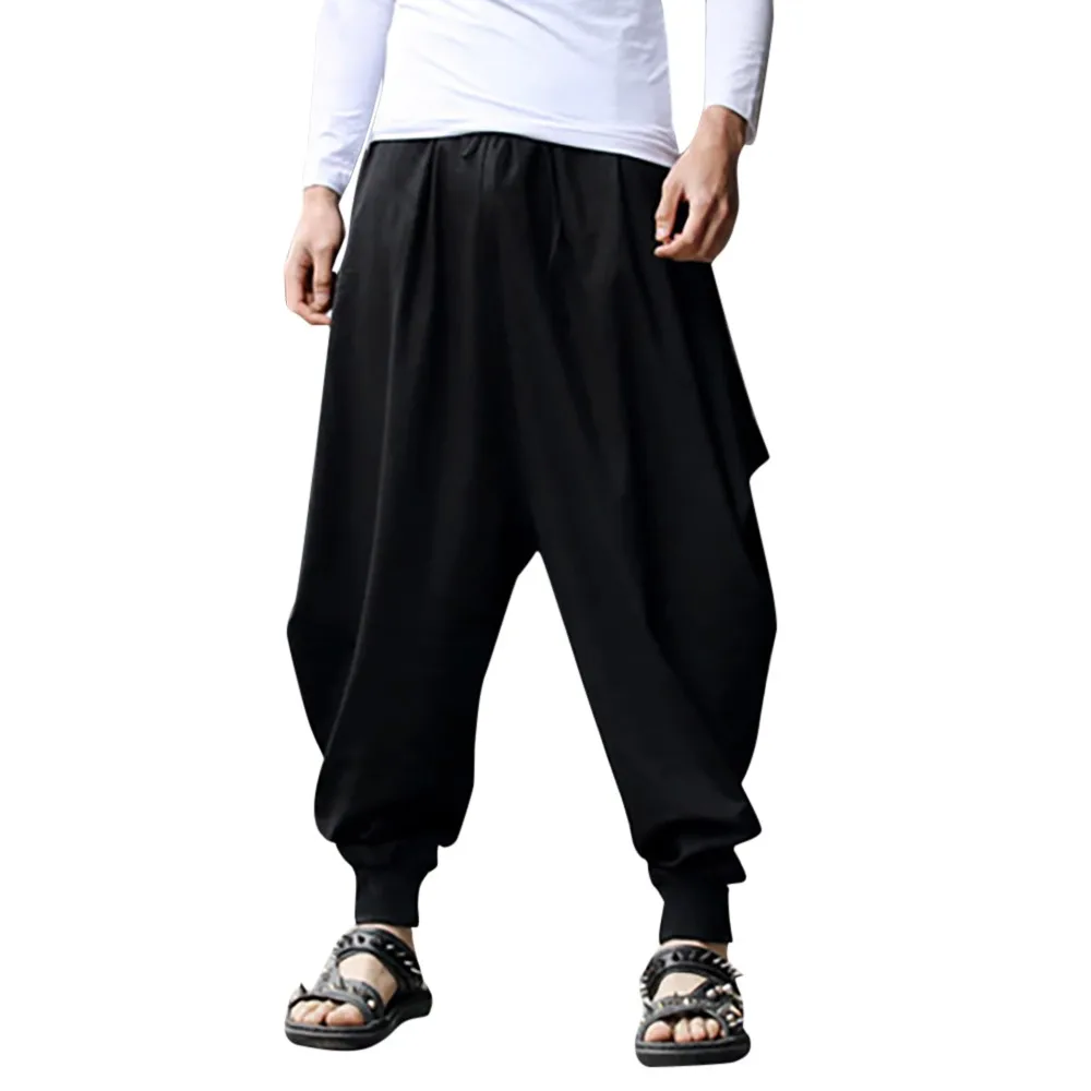 Брюки мужские pantalones hombre уличная тренировочные штаны-шаровары хлопок лен фестиваль мешковатые Твердые Брюки Ретро цыганские штаны