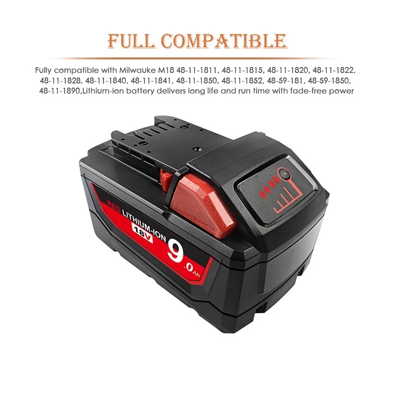 

For Milwaukee 48-11-1852 M18 XC 9.0 Ah Capacity Battery 18V Power Tools Rechargeable Li-ion Battery 48-11-1815 48-11-1850 L50