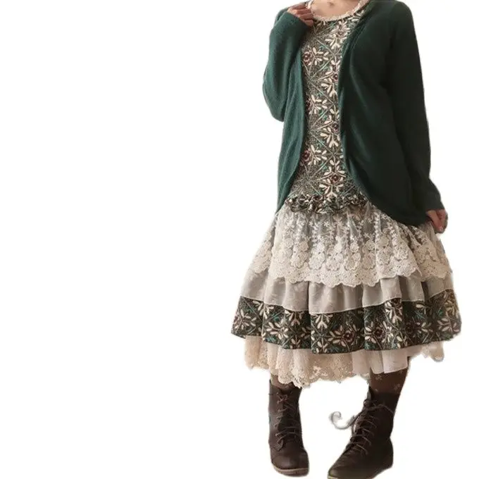 

rockabilly lolita boho mujer vintage hippie boho patchwork robe longue femme lace layer ruffle long sleeve winter autumn dress
