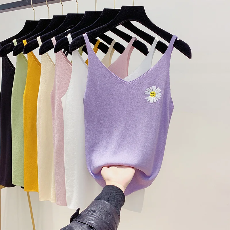 Летний Эластичный трикотажный топ на бретелях для женщин новые милые базовые