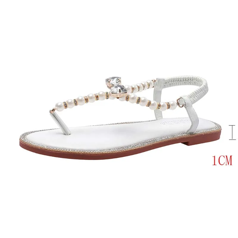 

Summer Slip On Pearl Sandals Women Classic Black White Bow Rhinestone Sandals Leather Casual Flat Shoes Woman Beach Flip Flops