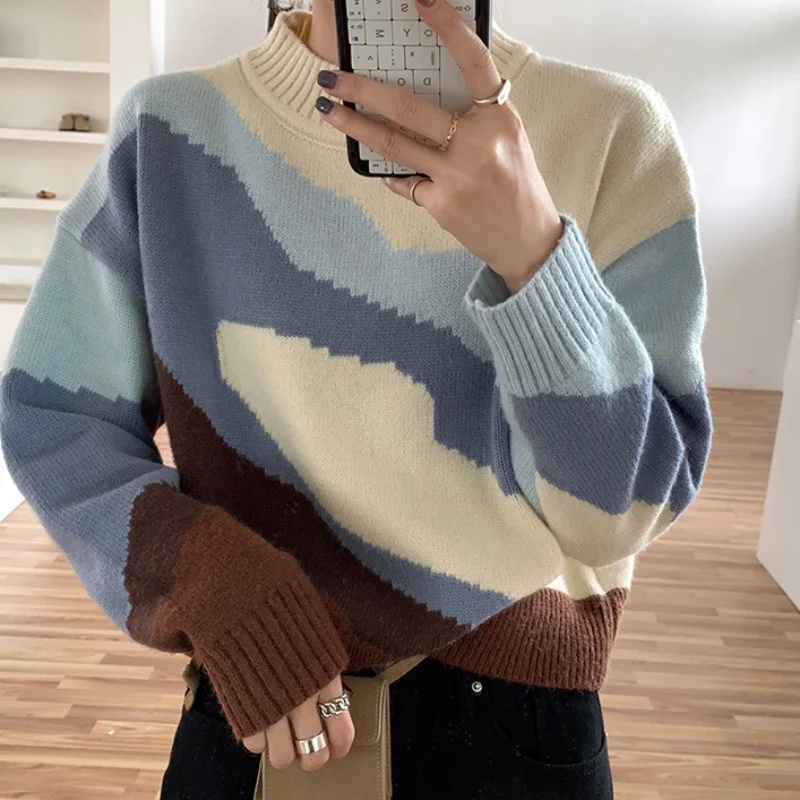

Женский свитер контрастных цветов, Свободный пуловер в стиле ретро, осенняя одежда