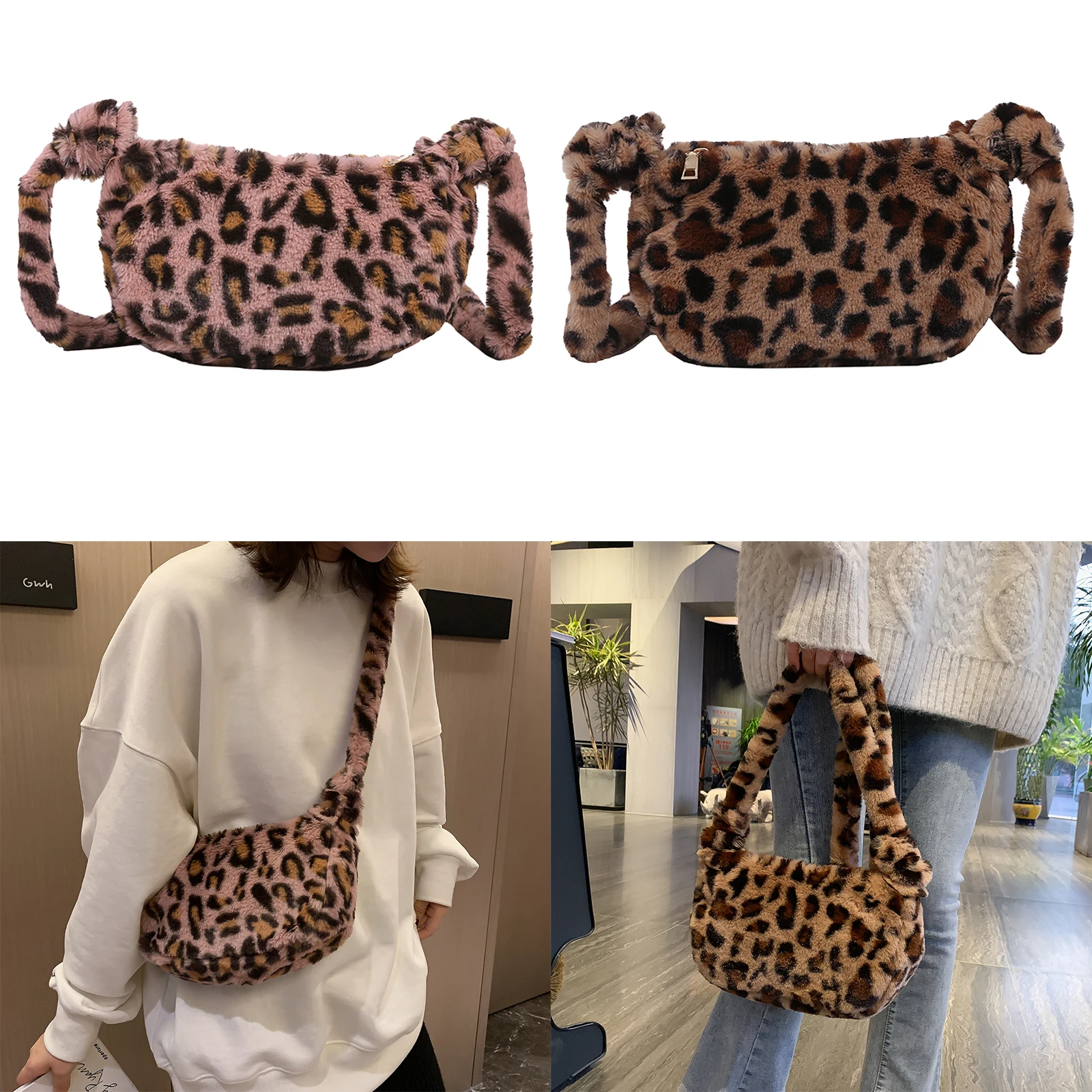 

Winter Fashion Shoulder Bag, Womens Leopard Print Plush Handbag Messenger Bag Soft Warm Faux Fur Cross Body Bag