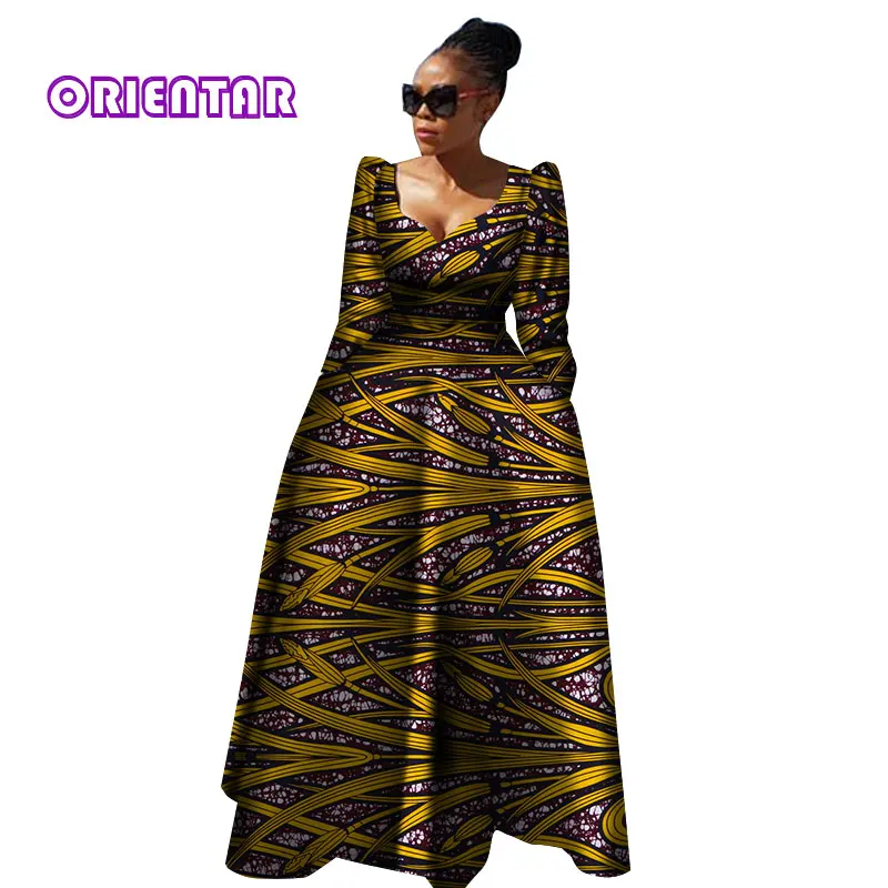 Женская африканская одежда Bazin Riche Robe Africaine, Африканское платье, Осеннее женское длинное платье больших размеров из чистого хлопка WY2849 - Цвет: 4