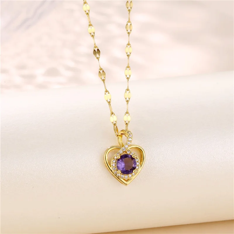 

Luxury Elegant Purple Zircon Inlaid Heart Pendant Wedding Jewelry For Women Sweet Anniversary Birthday Gift Girls Necklaces