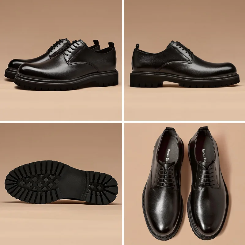 

Men Derby Shoes Genuine Calfskin Leather Thick Sole Waxing Polished Round Toe Casual Lace Up Office Handmade BeauToday A55503