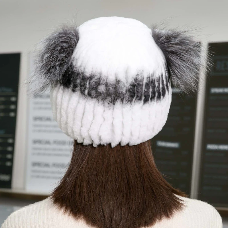 Меховая шапка женский зимний Настоящий мех кролика шапки с милыми кошачьими