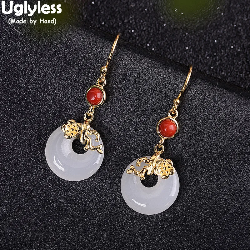 

Uglyless Ethnic Plum Blossom Floral Earrings for Women Natural White Jade Buttons Dangle Earrings Agate Brincos 925 Silver Jewel