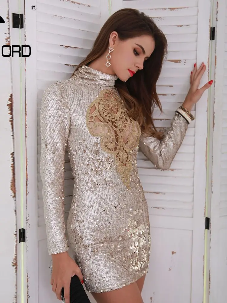 

Missord/осень 2021, сексуальные женские Мини-вечерние платья с высоким вырезом и блестками, Золотое облегающее короткое элегантное платье с длин...