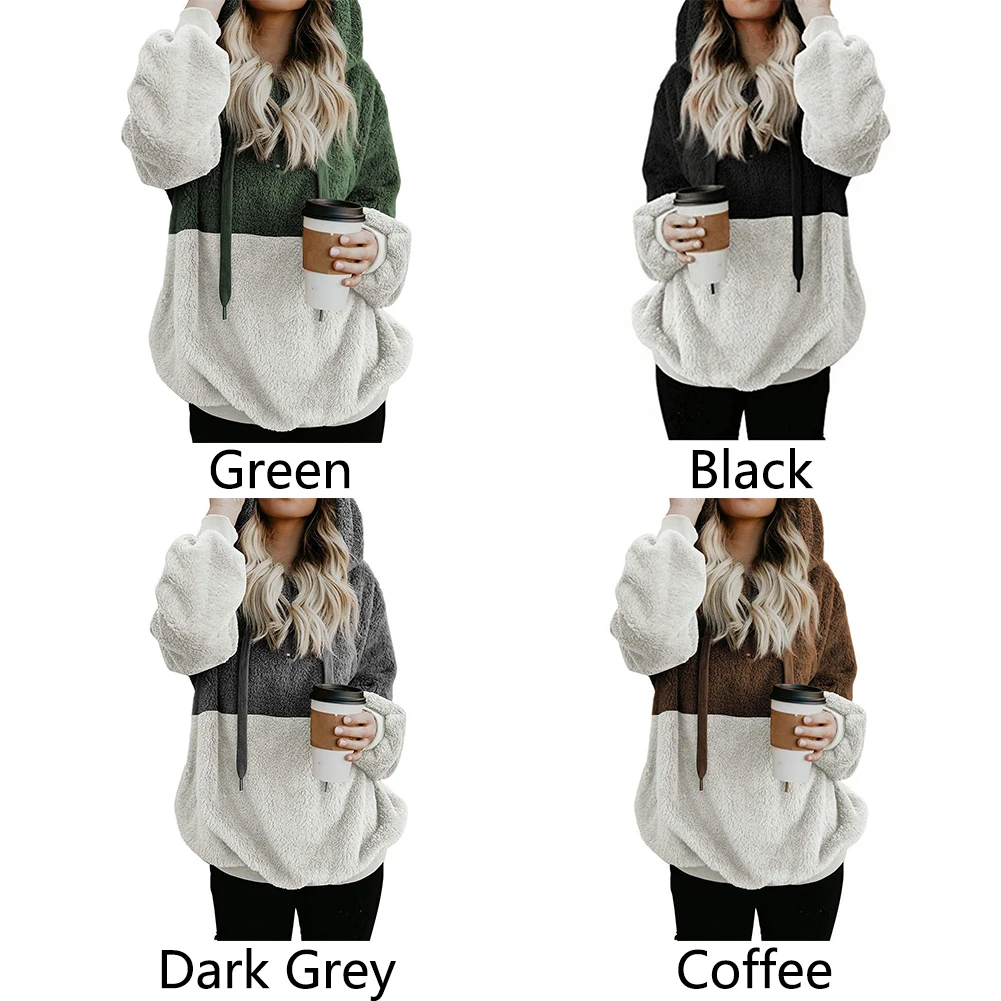 Женские теплые ворсистые толстовки с длинными рукавами на шнурке молнии для