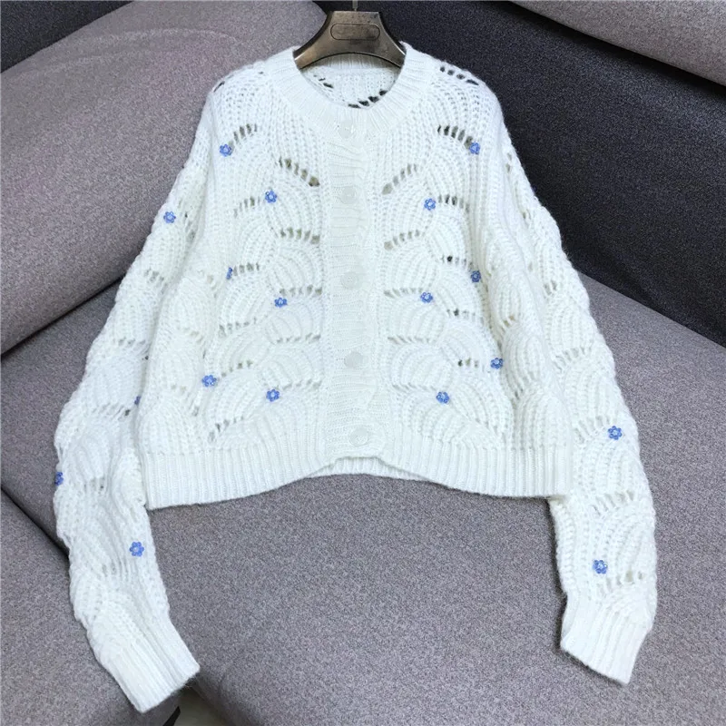 

Sweet Sweater Cardigan for Women 2021 Autumn Winter New Beaded Hollow-out Thickened Knitting Cardigans Jacket Woman Sweaters Top
