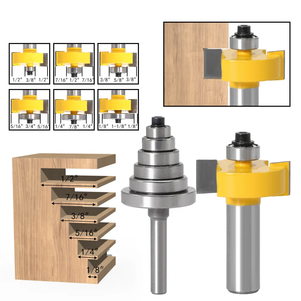 

1PC 1/2" 12.7MM 12MM Shank Milling Cutter Wood Carving Rabbet Router Bit with 6 Bearings Set Tenon Cutter for Woodworking Tools