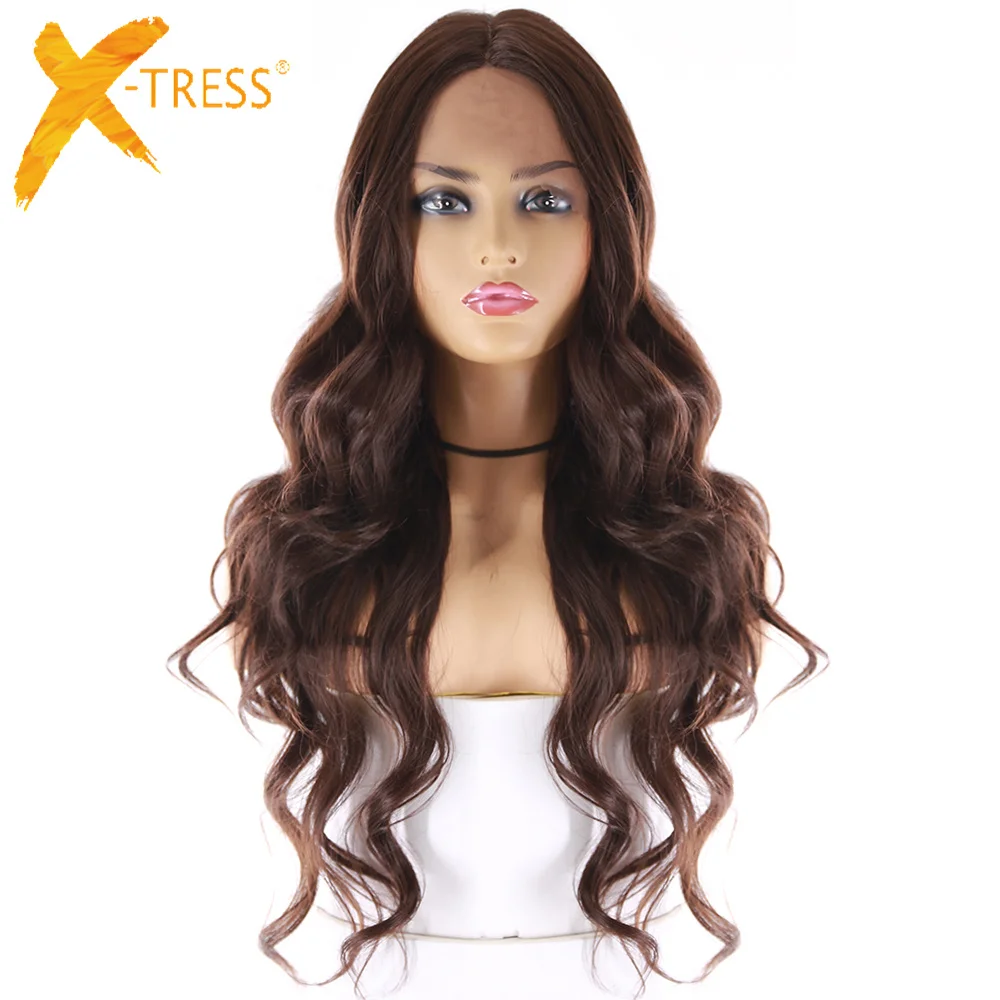 

Парики из синтетических волос на шнурке для женщин, X-TRESS, 24 дюйма, длинные волнистые волосы на шнурке, средняя часть, термостойкие волосы из в...