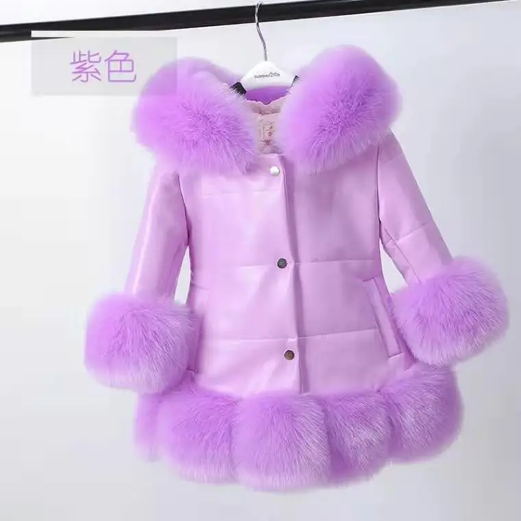Lavender Детская куртка из искусственной кожи в стиле пэчворк с воротником из искусственного меха для девочек пуховые парки Утепленная зимняя верхняя одежда принцессы пальто с мехом 7 цветов - Color: Lavender