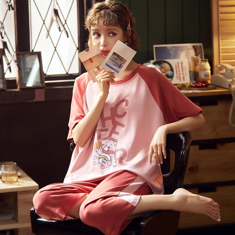 Женские хлопковые Пижамные комплекты на зиму и осень милые штаны с короткими