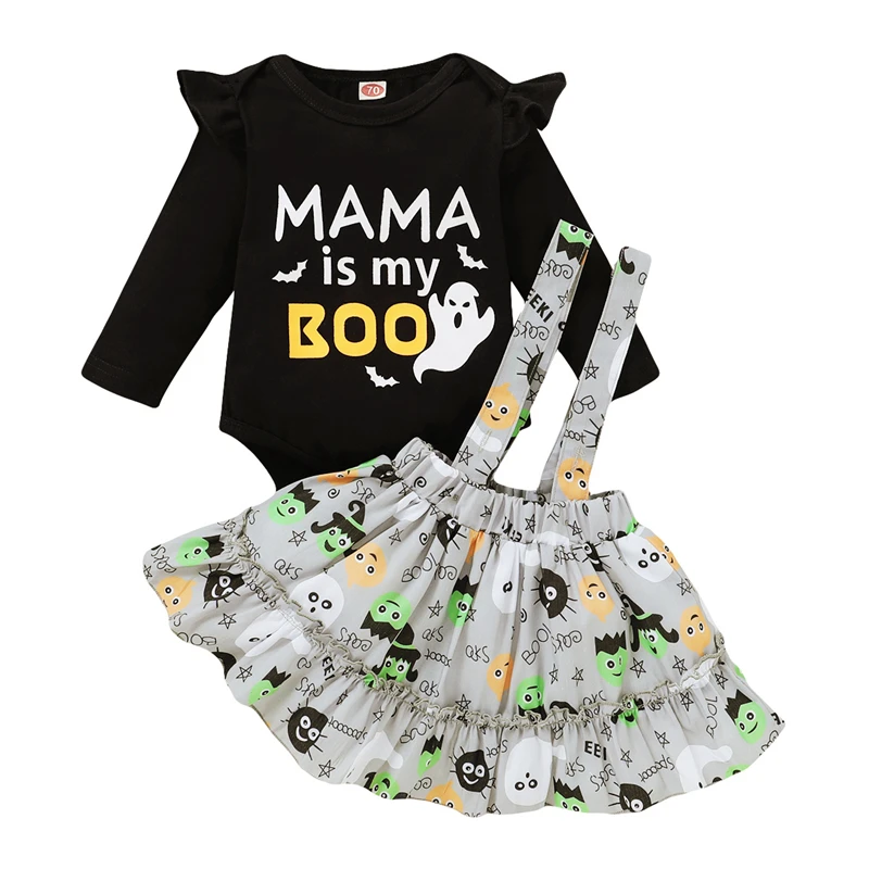 

2021 Halloween Baby Clothing Sets for Girl Fashion Print Romper + Strap Dress Suit Autumn New Cotton Kids Clothes Girls Outfits