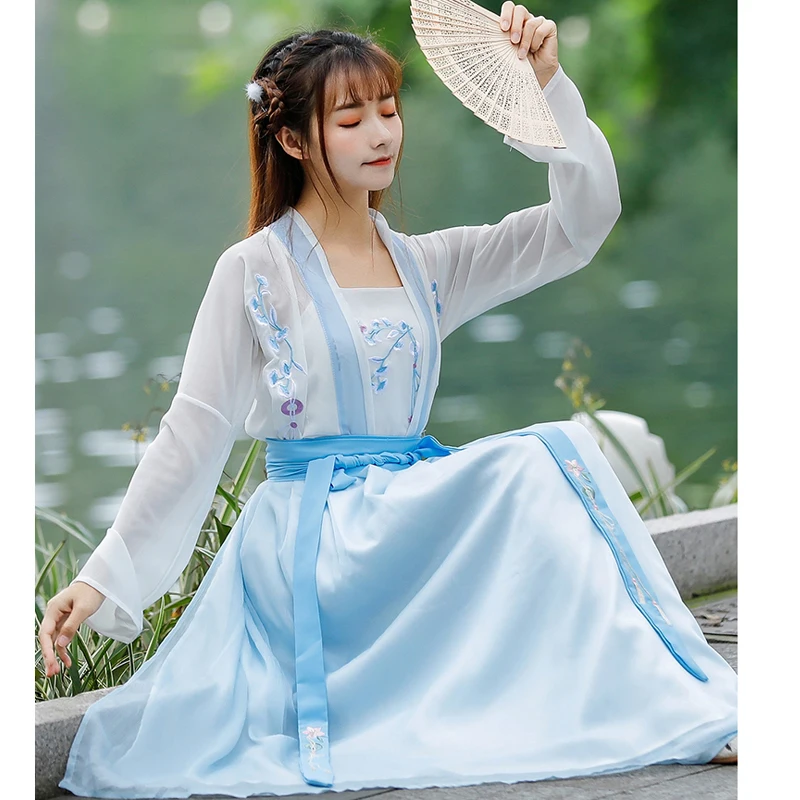 Синий Ханфу костюм для взрослых женщин в современном китайском стиле. Леди прекрасные платья девочки для дня рождения, сексуальное милое промо.