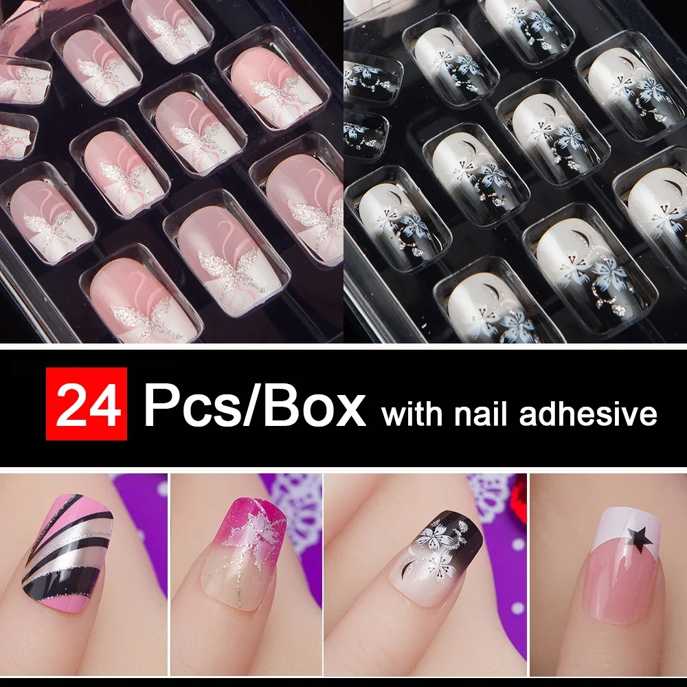 JQ 24 pcs in 1 Box With Nail Glue Tape Press On False Art Tips Full Cover Fake Tip 10 Sizes 3D006 | Красота и здоровье