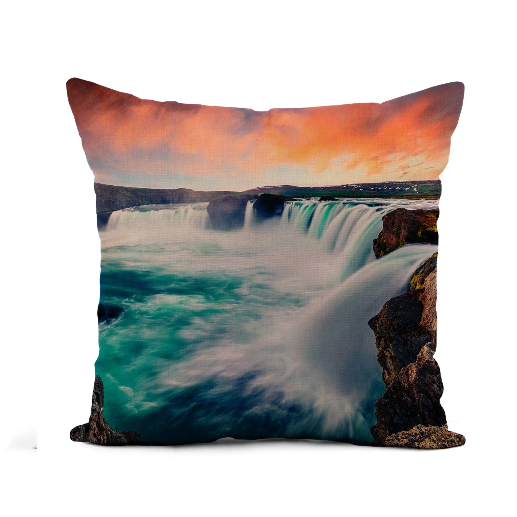 

Flax Throw Pillow Cover Summer Morning Scene Godafoss Waterfall Dramatic Sunset on Skjalfandafljot 18x18 Inches Pillowcase Home