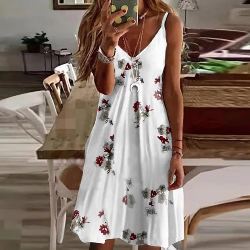 

Fashion Feather Print Spaghetti Straps Mini Dress Women Elegant V Neck Spring Party Dress Summer Sleeveless A-Line Beach Dresses