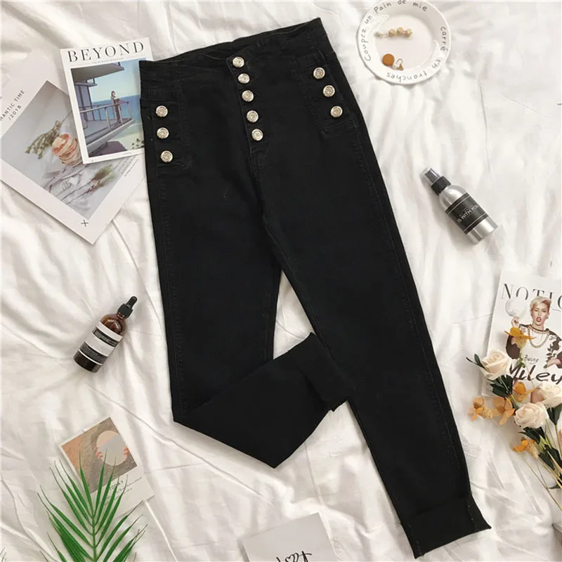 

2021 Spring Autumn Double-breasted Stretch Slim Pencil Pants Jeans Women Blue Black Skinny Denim Pants High Waist Ladies Jeans
